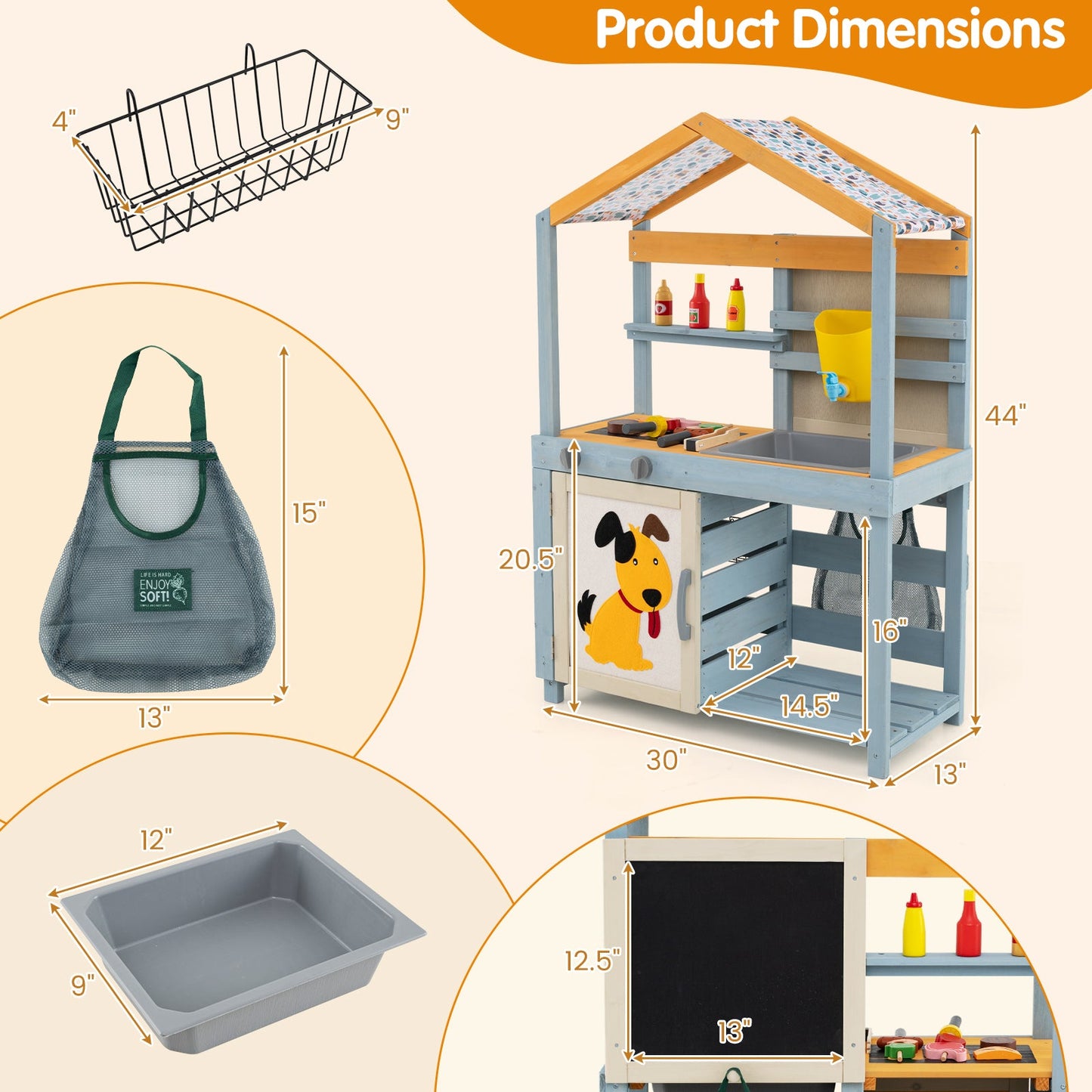 2 in 1 Wooden Mud Kitchen with Removable Water Box  and Storage Bag-Gray