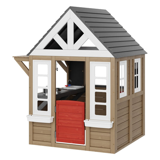 Outdoor Wooden Playhouse, Modern Cedar Playhouse for Age 2-10 Years Kids, Garden Games Cottage, Country Style Cedar Playhouse with Working Door, Window, Flower Pot Holder, Grill, Stove, and Sink