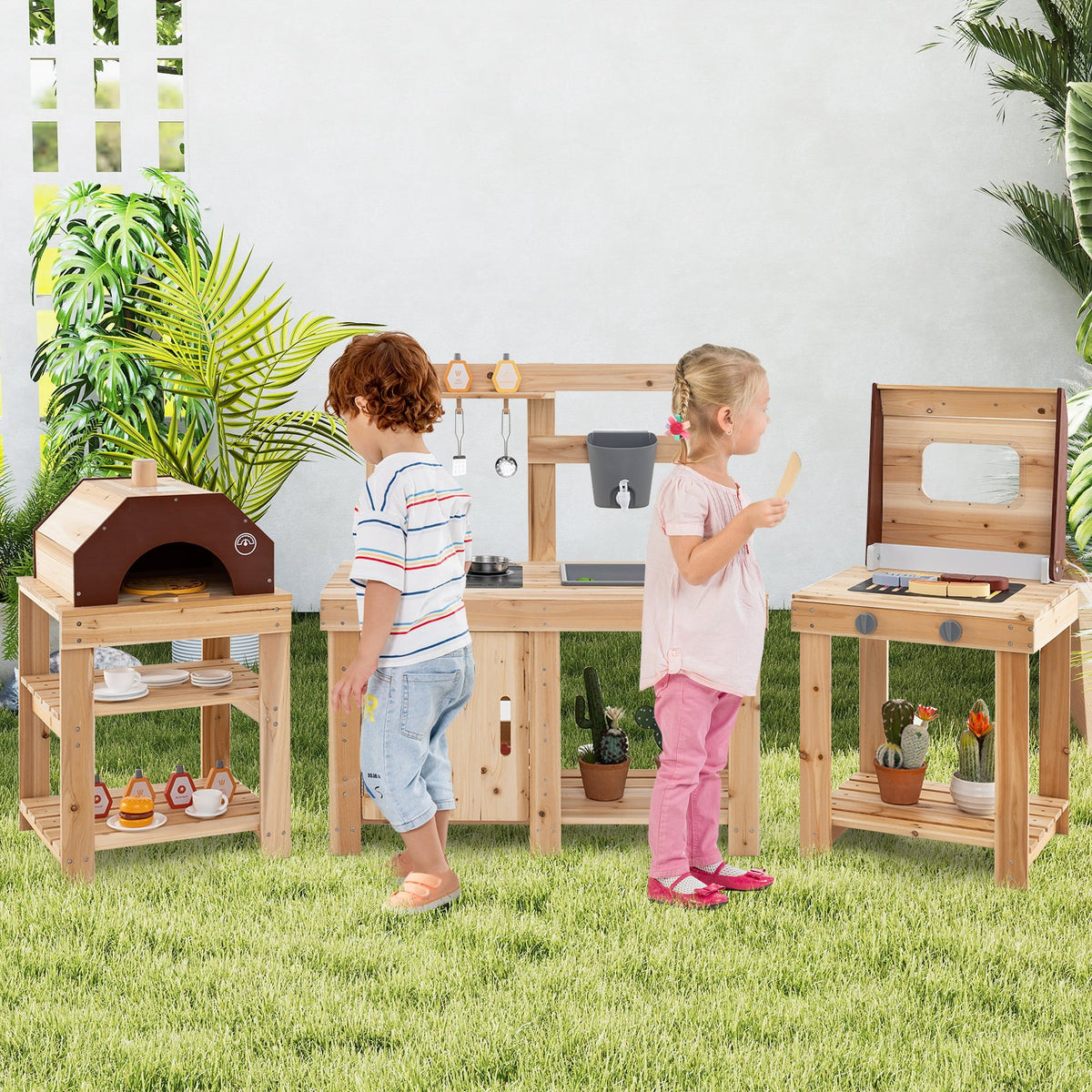 3-Piece Outdoor Kitchen Set Mud Kitchen with Separate BBQ Grill and Pizza Oven-Natural
