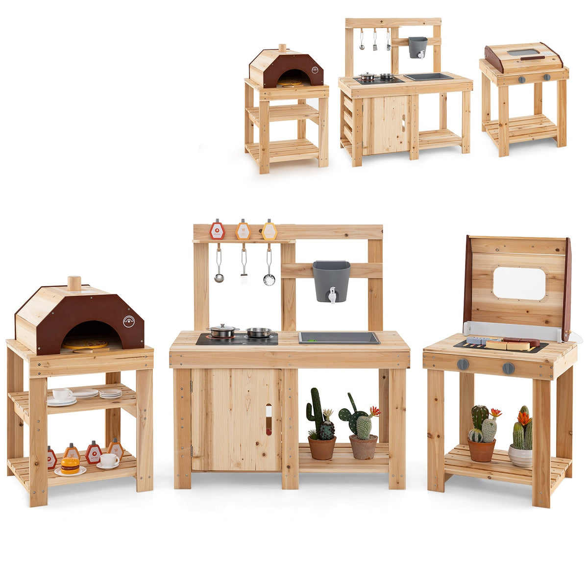 3-Piece Outdoor Kitchen Set Mud Kitchen with Separate BBQ Grill and Pizza Oven-Natural