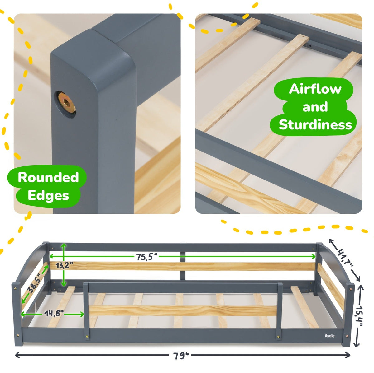 Twin Size Montessori-Inspired Floor Bed with Safety Guardrails for Kids