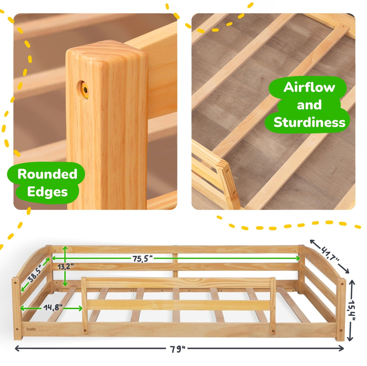 Twin Size Montessori-Inspired Floor Bed with Safety Guardrails for Kids