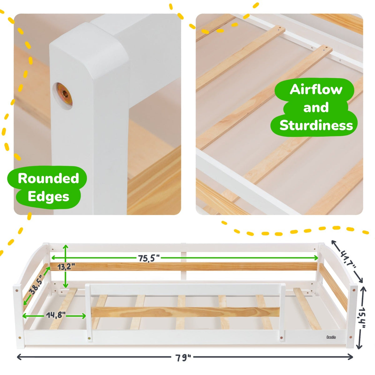 Twin Size Montessori-Inspired Floor Bed with Safety Guardrails for Kids