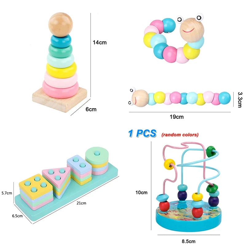 Hot Kids Montessori Wooden Toys – Macaron Blocks, Colorful Graphic Rattle, Educational Music Toy for Babies