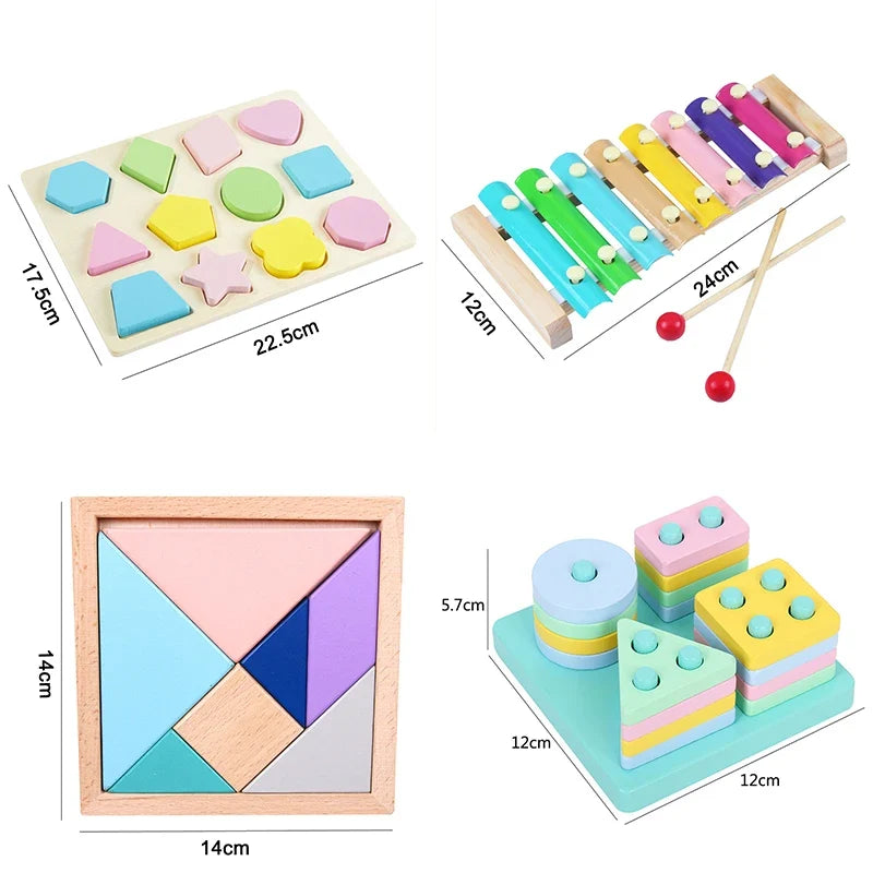 Hot Kids Montessori Wooden Toys – Macaron Blocks, Colorful Graphic Rattle, Educational Music Toy for Babies