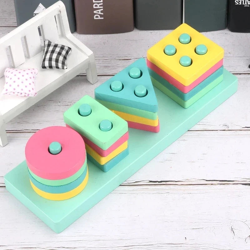 Hot Kids Montessori Wooden Toys – Macaron Blocks, Colorful Graphic Rattle, Educational Music Toy for Babies