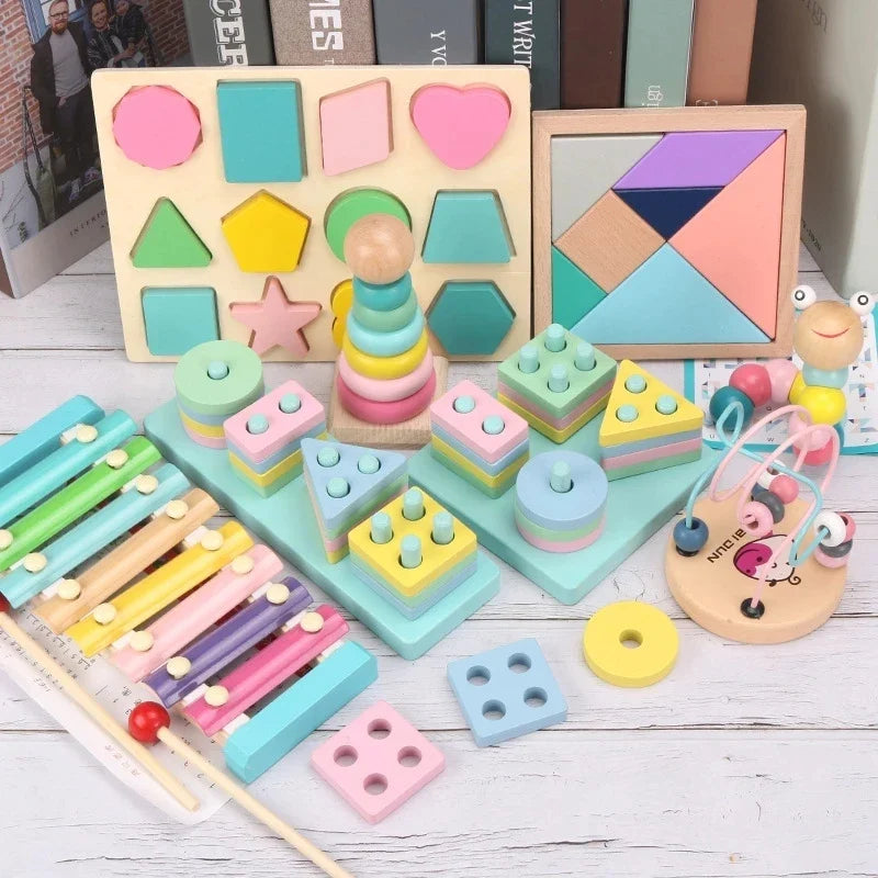 Hot Kids Montessori Wooden Toys – Macaron Blocks, Colorful Graphic Rattle, Educational Music Toy for Babies
