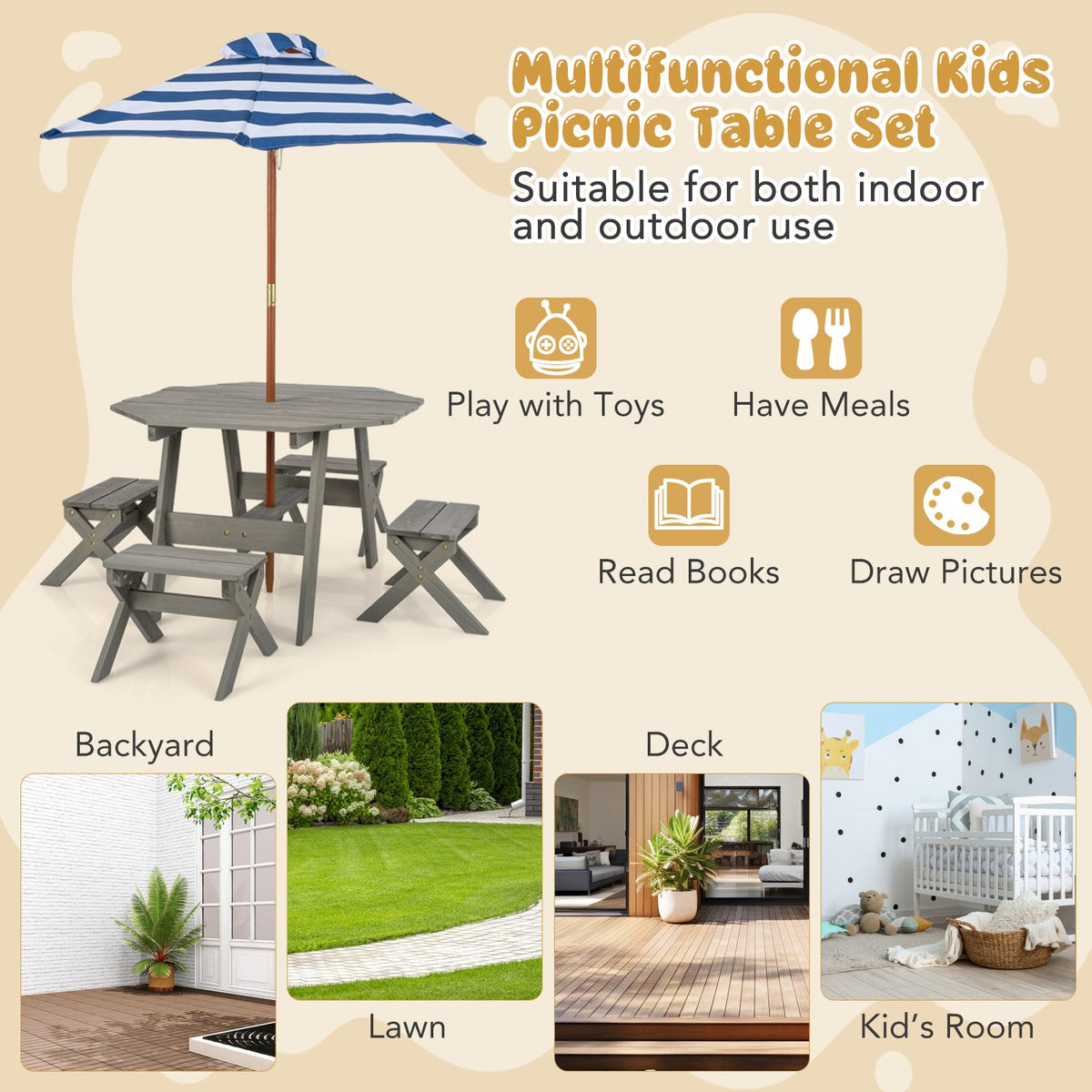 Kids Wooden Table Set for Children Aged 3+ Years-Gray