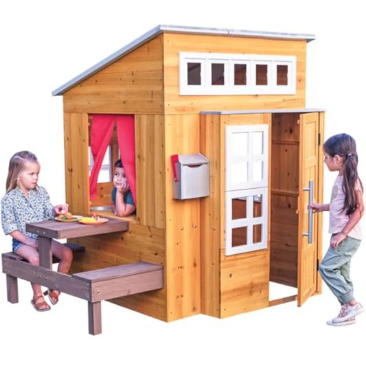 Outdoor Wooden Playhouse For Kids Ages 3 And Up With Picnic Table Mailbox Grill