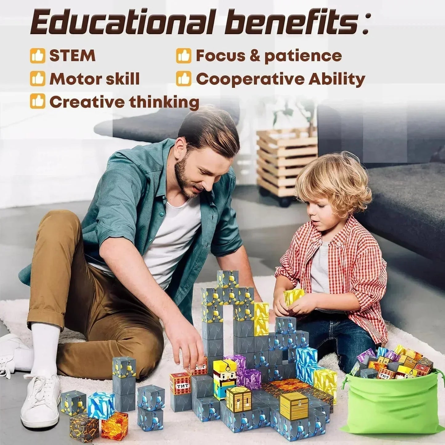 Magnetic Building Blocks Mine World Magnet Cube Set for Boy Girl Kid Age 3+ DIY Model Children Stem STEM Sensory Toy Gift