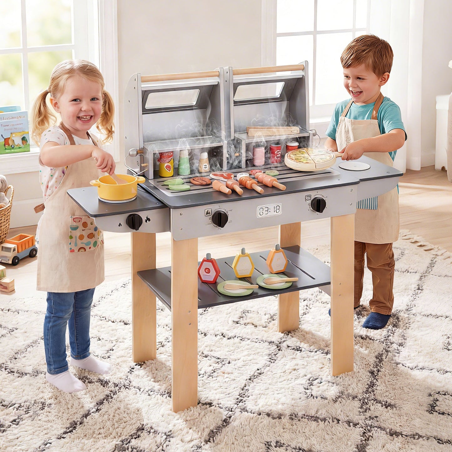 Wooden Kids Barbecue Grill Playset Kids Toy Grill with Abundant Grilling Tools and Play Foods